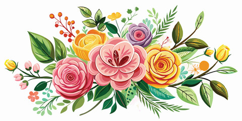 Colorful Floral Branch with Pink & Yellow Roses, Wildflowers - Vector style on white background. 