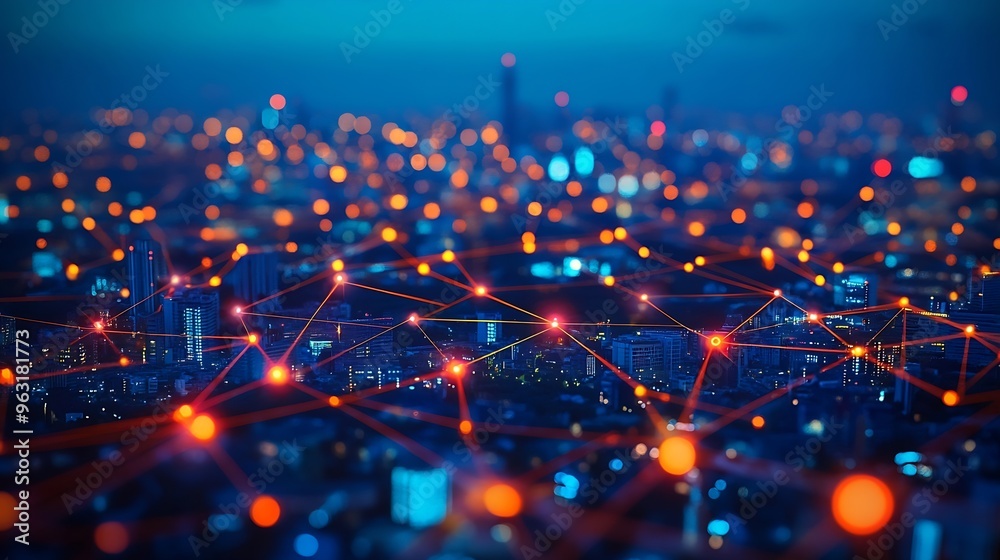 Fototapete Global connection and the internet network alteration in smart city  Concept of future wireless digital connecting and social media networking : Generative AI