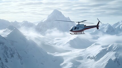 Naklejka premium 18. A sleek helicopter flying over a snowy mountain range