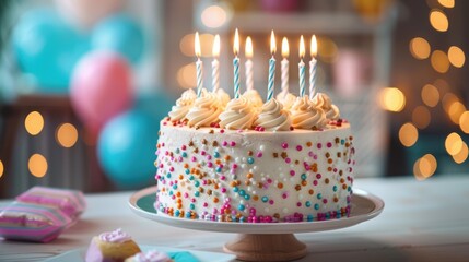 White birthday cake with cream and lit candles on a festive table, surrounded by blue balloons and golden bokeh lights. Perfect celebration scene for party, invitation, or event background mockup.
