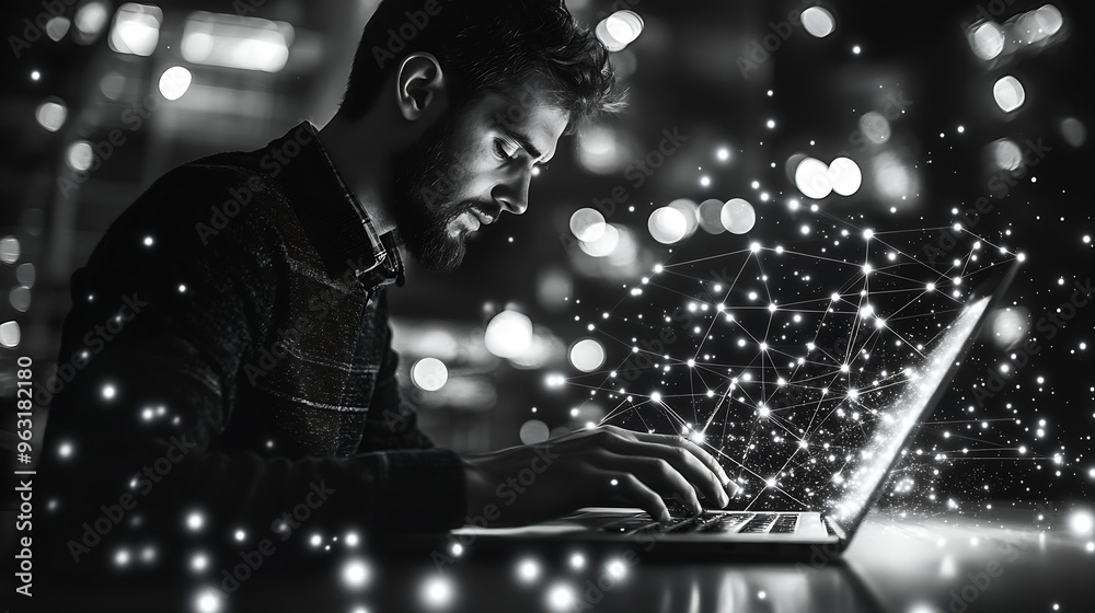 Fototapete Business man programmer software developer working on laptop computer with network connection monochrome internet of things IoT 40 digital technology development concept : Generative AI