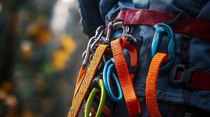 Fototapeta premium Close up of a blue jacket with red, orange, and blue climbing gear straps and buckles.