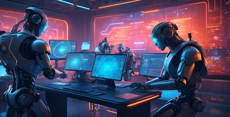 AI. Artificial intelligence. Head robot hanging over podium and look at virtual dashboard. Supercomputer in image futuristic cyborg head. Machine learning technology, neural networks.