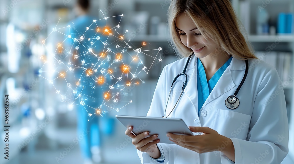 Poster happy face and woman with a tablet doctor and typing with connection website info and employee portr
