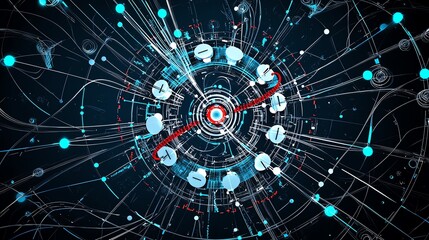 Obraz premium Abstract technology background with vibrant particles and circular patterns. Ideal for digital, science, or data visualization projects.