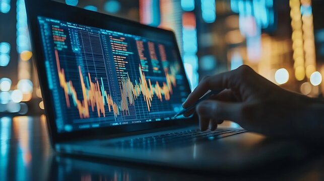 business people analyze virtual graphic financial graph chart diagram on mobile laptop computer digital technology business strategy stock market investment business finance technology : Generative AI