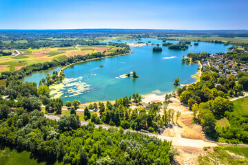 Naklejka premium Soderica lake in Podravina region aerial summer view