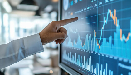 Businessman analyzing financial data on computer screen with charts and graphs