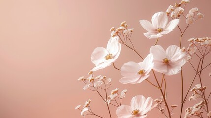 Fototapeta premium Close up of white delicate orchid flowers on thin branches against pastel pink background in soft light. Concept of natural beauty and floral atmosphere