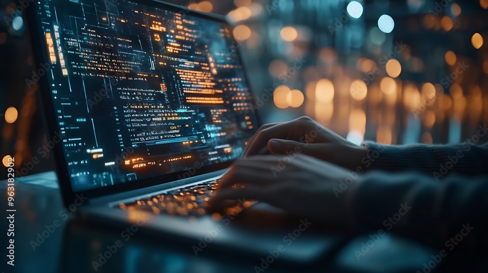 Poster Data processing digital technology software development concept Computer programmer software engineer working on laptop with data exchange code Ai Aritificial intelligence : Generative AI