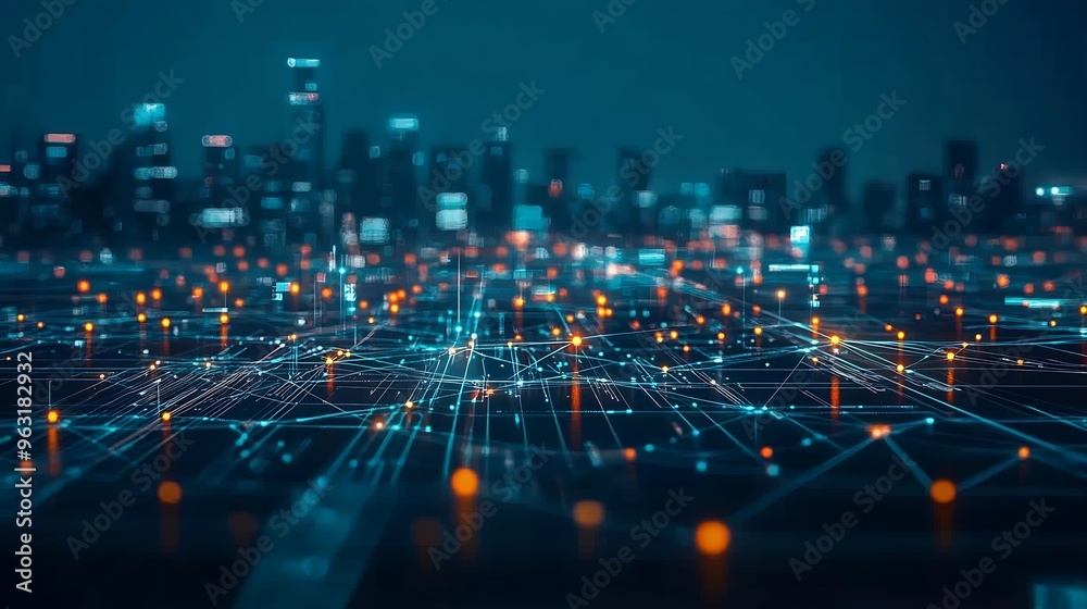 Poster Smart digital city with globalization abstract graphic showing connection network  Concept of future 5G smart wireless digital city and social media networking systems : Generative AI