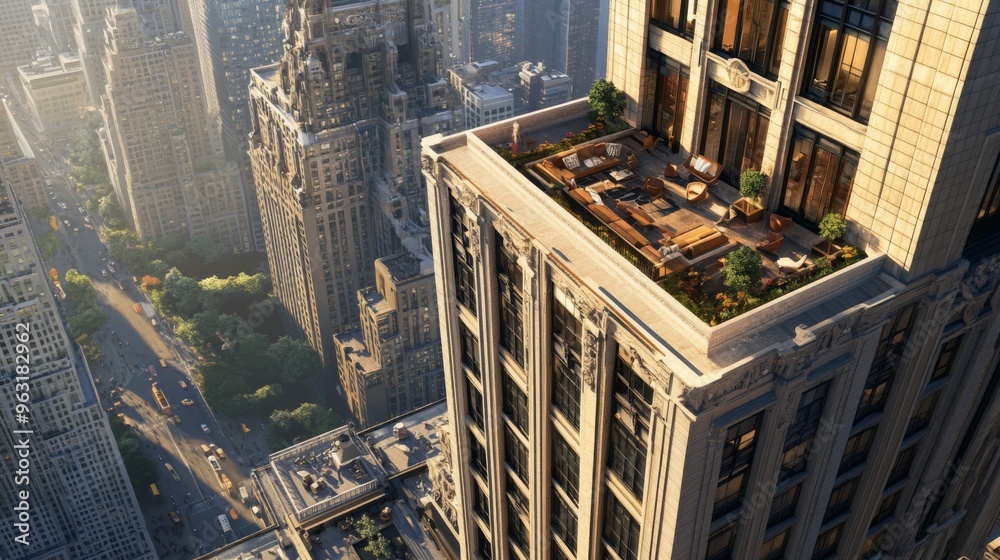Poster Detailed view of a tall building with a rooftop observation deck, showing the expansive cityscape below and the architectural features of the building.