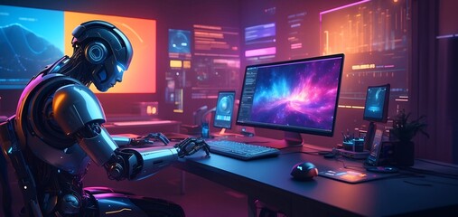 Fototapeta premium AI. Artificial intelligence. Head robot hanging over podium and look at virtual dashboard. Supercomputer in image futuristic cyborg head. Machine learning technology, neural networks.