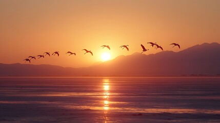25. A flock of flamingos flying across a shimmering salt flat at sunset