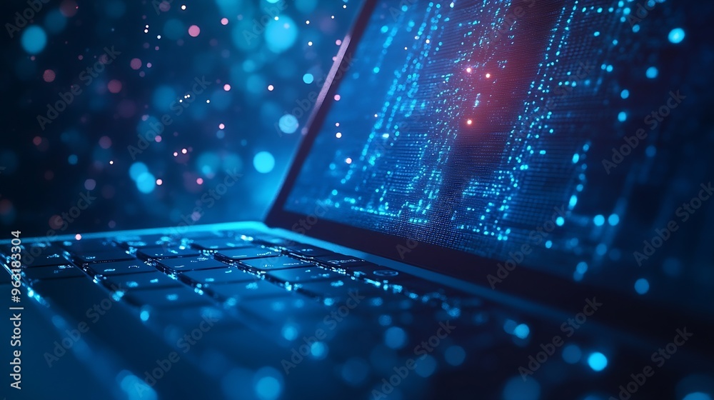 Fototapete Internet network technology IoT digital software development computer code modern tech concept Internet network with wireless connection cloud computing computer script on laptop : Generative AI