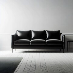 Home design. Black leather sofa against the backdrop of a bright room. 3D illustration.