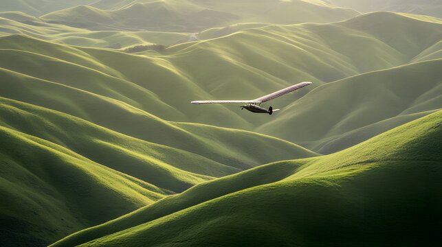 28. A vintage glider soaring silently above rolling green hills - Powered by Adobe