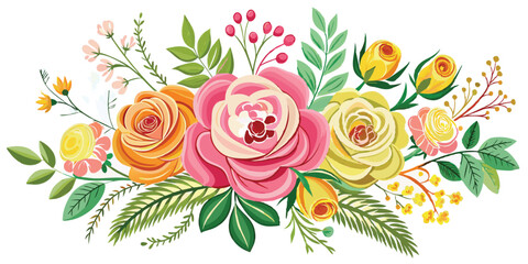 Colorful Floral Branch with Pink & Yellow Roses, Wildflowers - Vector style on white background. 