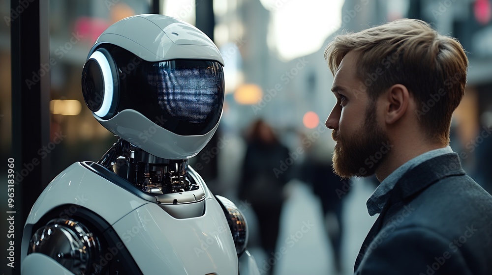 Poster AI robotic Artificial Intelligence businessman using AI chatbot for conversation with human Futuristic technology and digital communication concept : Generative AI