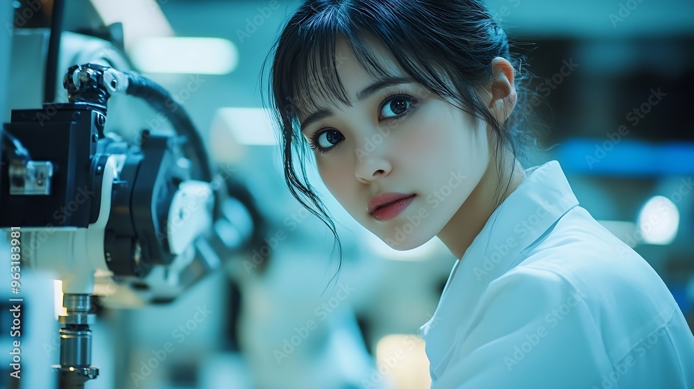 Poster Factory Female Industrial Engineer working with automation robot arms machine in intelligent factory industrial on real time monitoring system softwareDigital future manufacture : Generative AI
