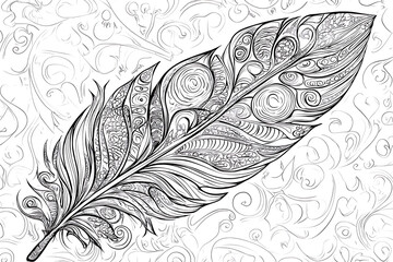 Obraz premium bird feather from wing isolated. Black and white engraved ink art. Isolated feather illustration element on white background.
