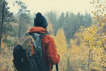 Lone Hiker Exploring Autumn Forest Landscape on Wilderness Trail