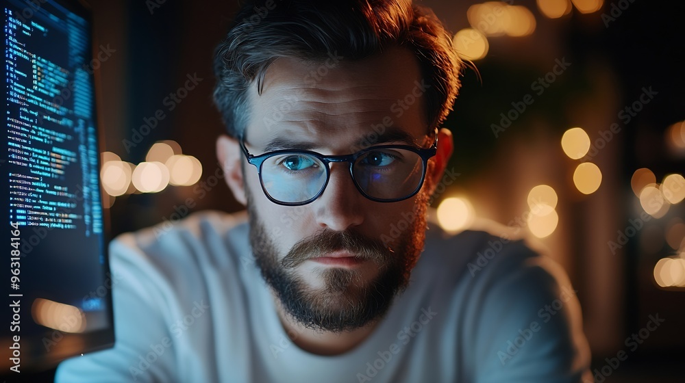 Poster Qualified data scientist updating neural networks writing complex binary code scripts Certified teleworking man in home office uses digital device programming to upgrade AI : Generative AI
