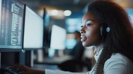 Black call center employee assisting clients at a modern workstation with multiple screens, focused and professional, bright office environment