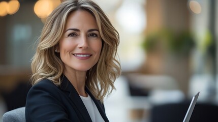 Happy mature business woman entrepreneur in office using laptop at work smiling professional middle aged 40 years old female company executive wearing suit working on computer at workp : Generative AI