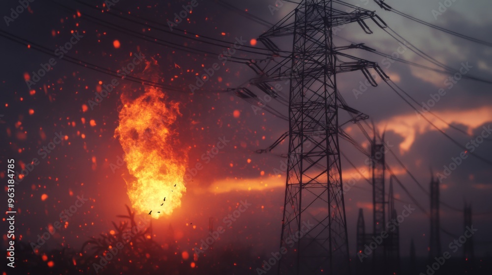 Poster detailed view of an electricity transmission tower at dusk, with power lines illuminated by the sett