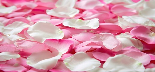 Closeup of pink and white rose petals scattered on a surface. Delicate, romantic, and floral background.