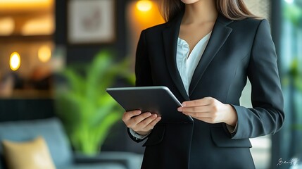 Attractive elegant young asian business woman using digital tablet standing on isolated background Happy young latin female formal black suit holding tablet gadget working service with : Generative AI