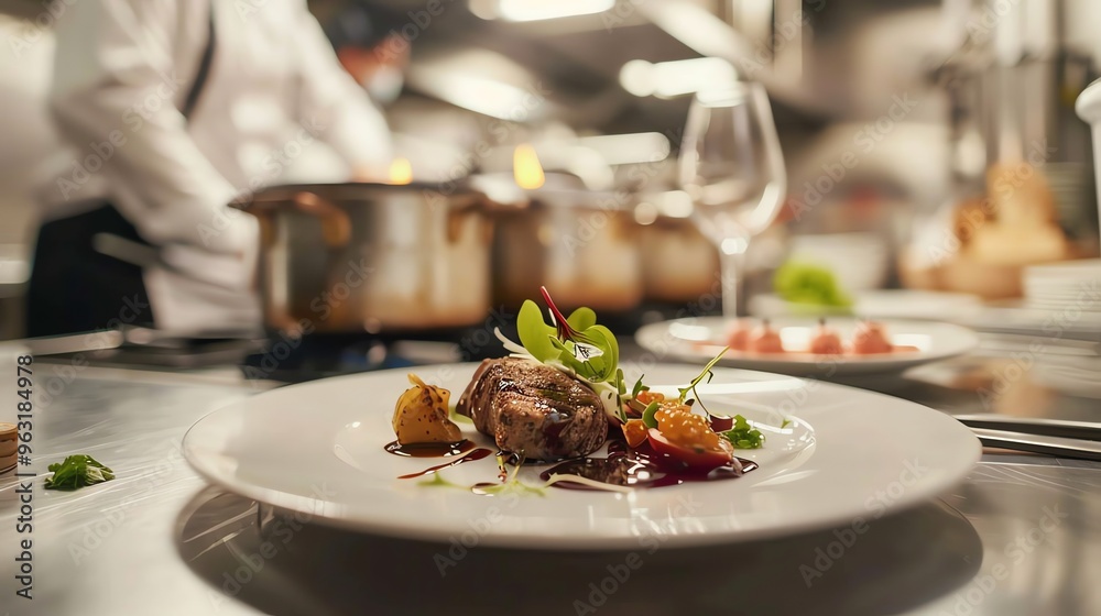 Wall mural a chef plating a gourmet meal in a professional kitchen.