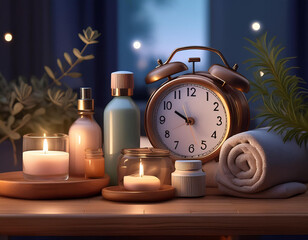 Close-Up Depiction of a Night Routine, Featuring Relaxing Bedtime Rituals, Skincare Products, and Sleep Aids