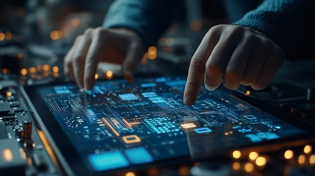 Digital technology software development concept Coding programmer software engineer using digital tablet with circuit board and javascript on virtual screen internet of things IoT : Generative AI