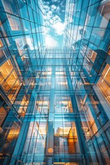 Obraz premium Modern Glass Building Architecture Seen from Below A Captivating Urban Perspective