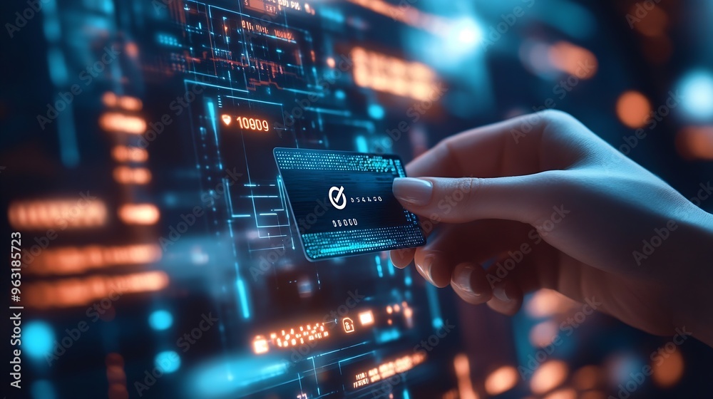 Aufkleber Secure Online Payment Transaction Process concept Person confirming a secure online payment using a credit card through a digital interface with verification tick symbol Internet banki : Generative AI