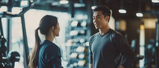 Japanese personal trainer engaged in a detailed coaching session with a client in a contemporary fitness center capturing dedication and customized workout plans