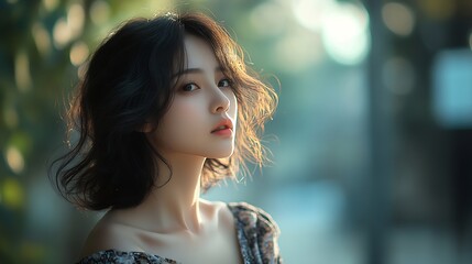 Obraz premium Young Asian woman wearing dress on background : Generative AI