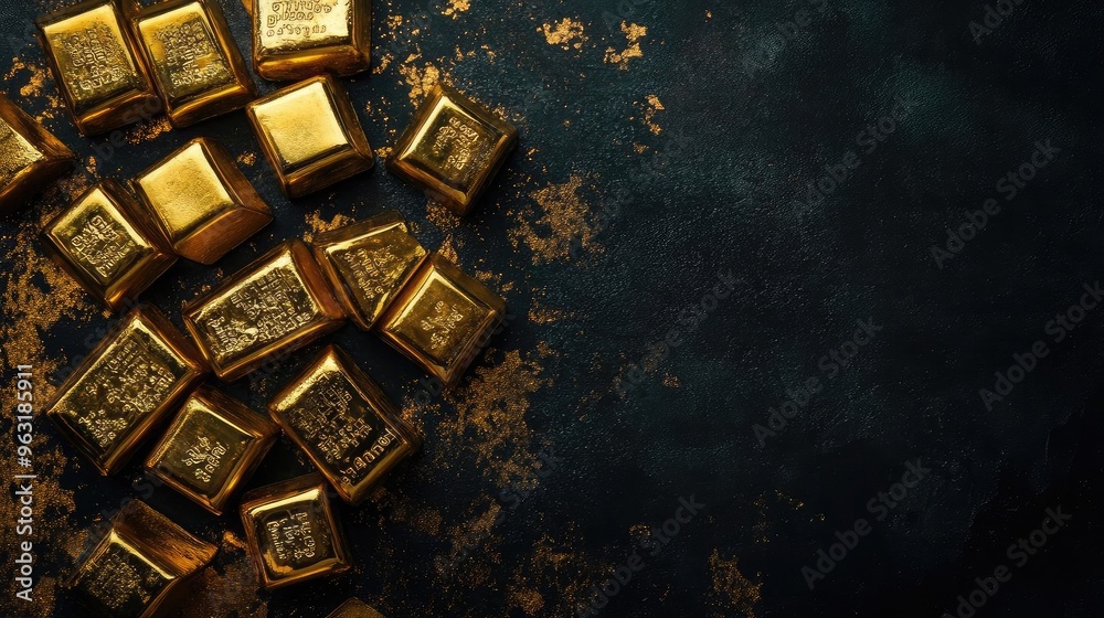 Poster luxurious gold bars scattered on a dark surface create an opulent and elegant background for financi