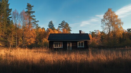 A tranquil autumn evening landscape featuring a sunlit cabin under twilight skies. The serene atmosphere is highlighted by the warm glow of the cabin, surrounded by fall foliage