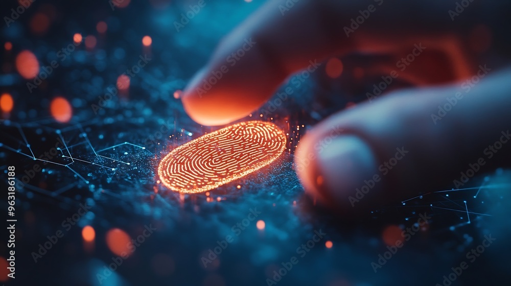 Fototapete Businessman using fingerprint scanning to unlock and access business information network Biometric identity and cyber security concept protecting business transactions from online digi : Generative AI