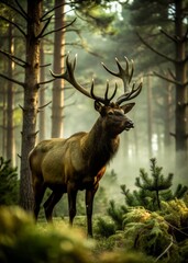 Obraz premium Majestic Stag Standing in Sunlit Forest, Wildlife Photography