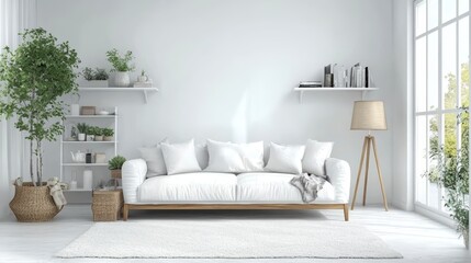 Obraz premium Modern bright interior of white living room in modern and minimalist style