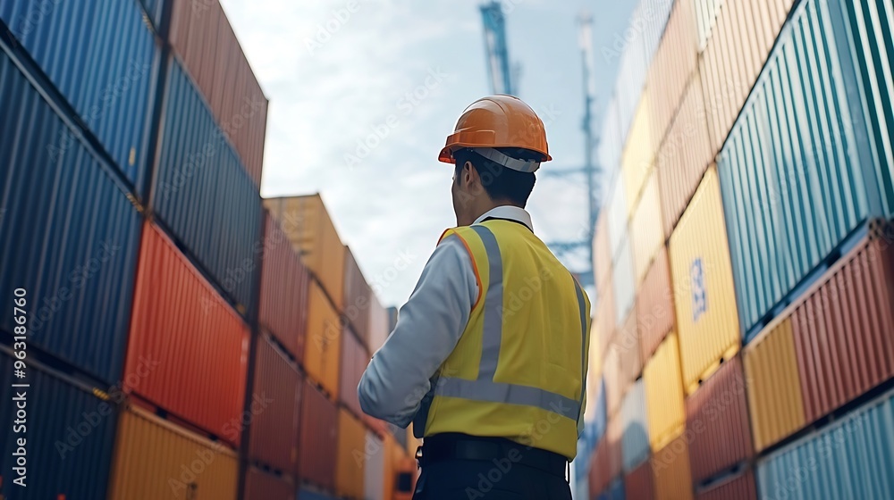 Poster asian male and female customs officers are currently conducting inspections of containers within the