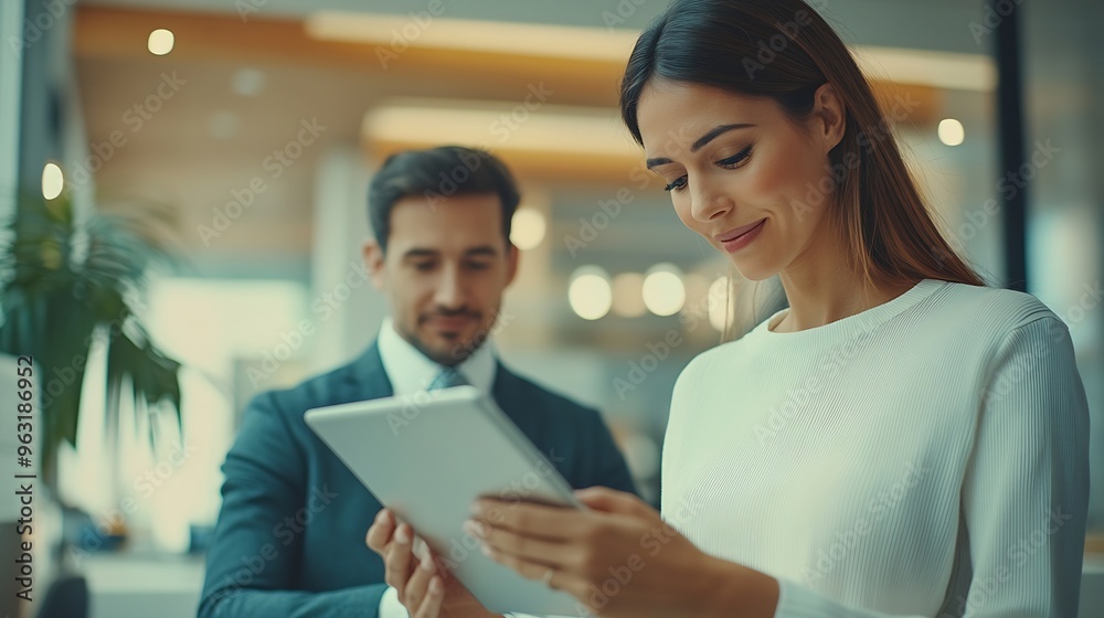 Aufkleber Tablet meeting and partnership with business people working in an office as a team for research Technology planning or teamwork with a man and woman employee reading information in the : Generative AI