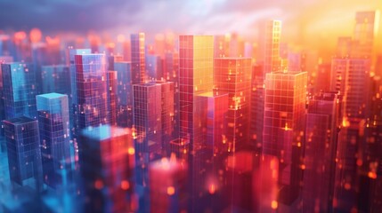 Obraz premium A stunningly vibrant urban skyline at dusk featuring colorful reflections and bright lights