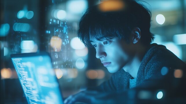 Serious business man typing on laptop computer and software development online research or information technology App developer or asian person on digital multimedia and office glass r : Generative AI