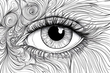 Obraz premium Antistress colouring page. Magic eye with feathers instead of eyelashes. Mandala style. Isolated on white. For child coloring book, tattoo design