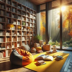 Cozy Home Library with Tall Wooden Bookshelves, Colorful Books, and Comfy Seating in Sunlit Room Surrounded by Nature